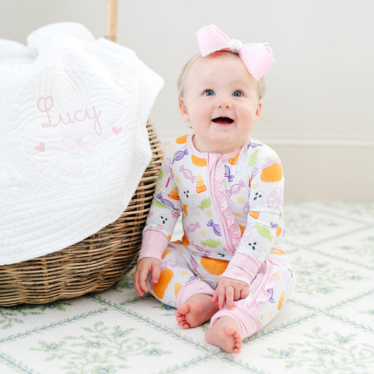 Spooky Sweet Ruffle Zipper Onesie – Pink