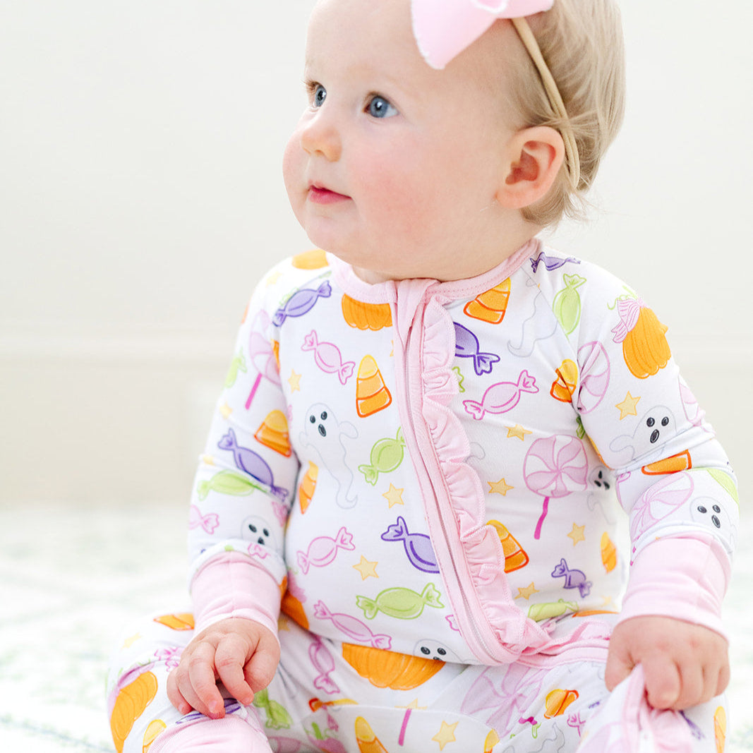 Spooky Sweet Ruffle Zipper Onesie – Pink