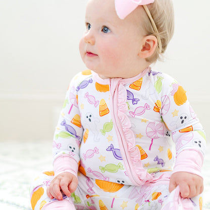 Spooky Sweet Ruffle Zipper Onesie – Pink