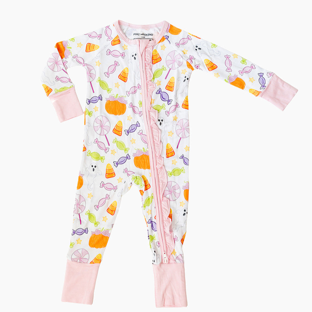 Spooky Sweet Ruffle Zipper Onesie – Pink
