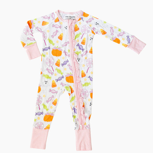 Spooky Sweet Ruffle Zipper Onesie – Pink