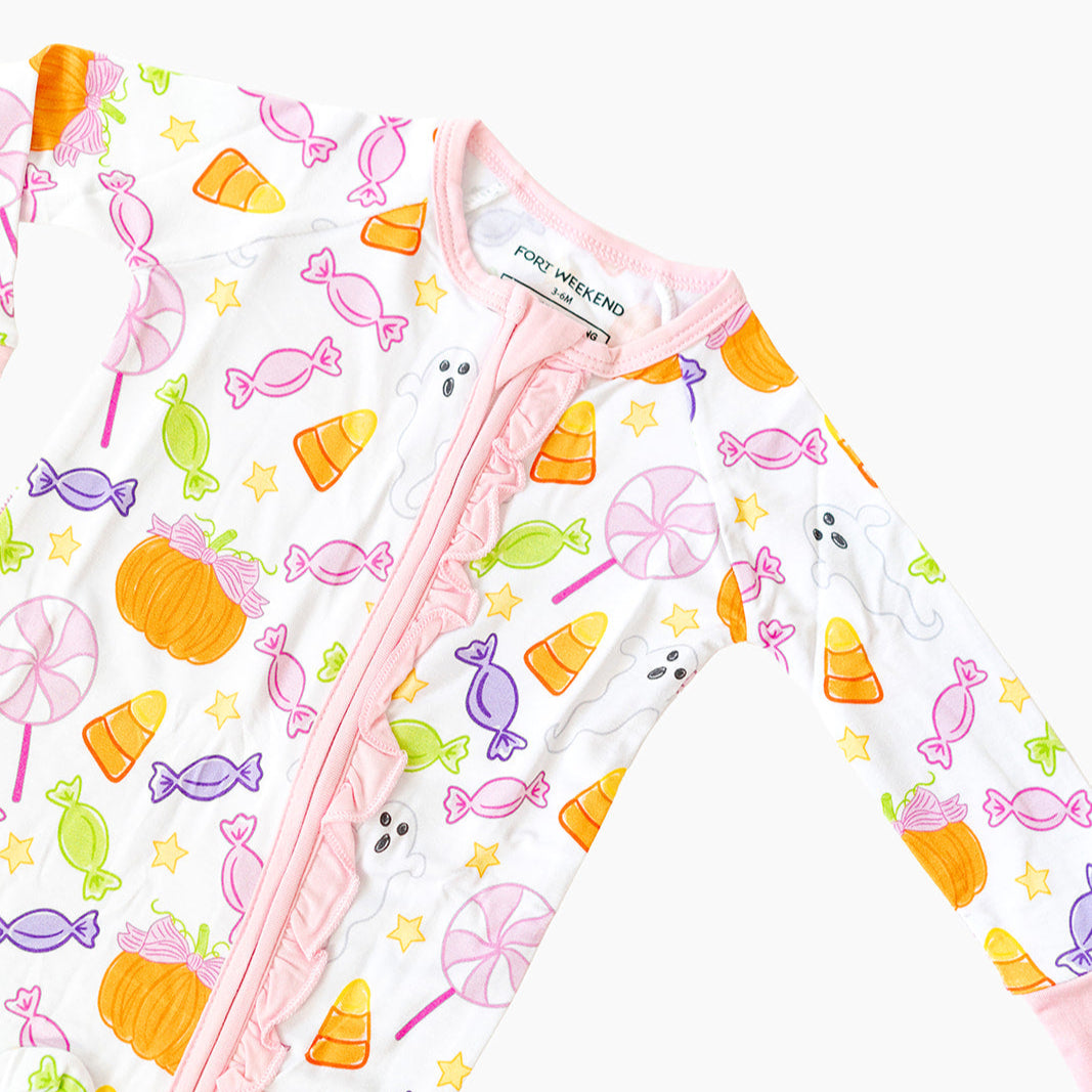 Spooky Sweet Ruffle Zipper Onesie – Pink