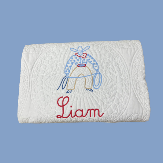 Sample Sale – Cowboy Quilt (Red, White & Blue | Embroidered “Liam”)