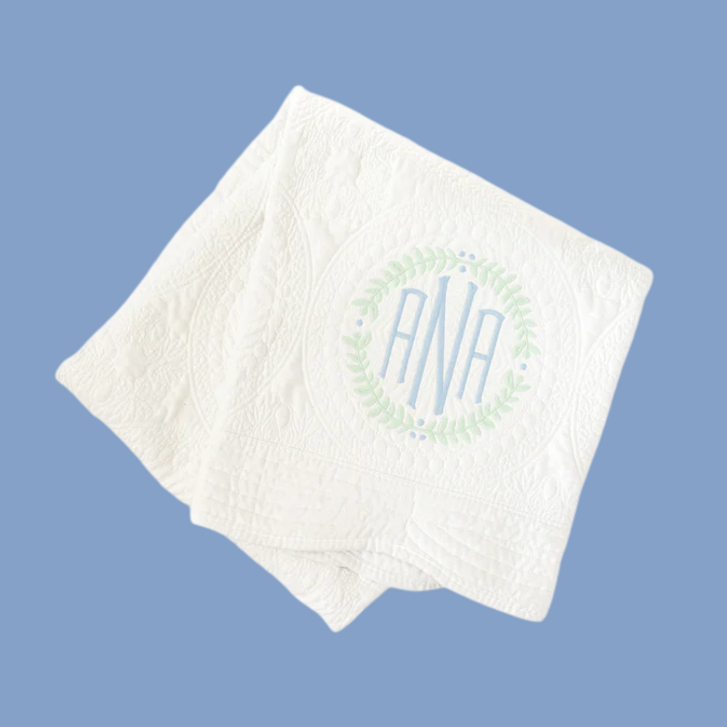 Sample Sale – Round Wreath Monogram Quilt (Embroidered “ANA”)