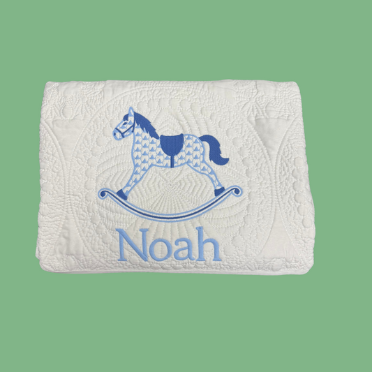 Sample Sale – Heirloom Rocking Horse Quilt (Embroidered “Noah”)