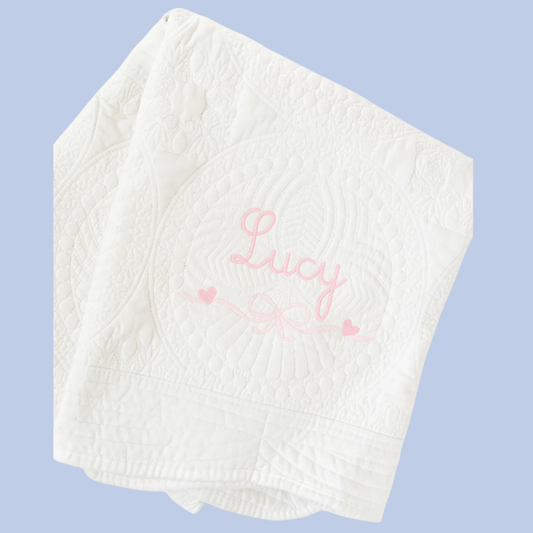 Sample Sale – Heart Bow Quilt (Embroidered “Lucy”)